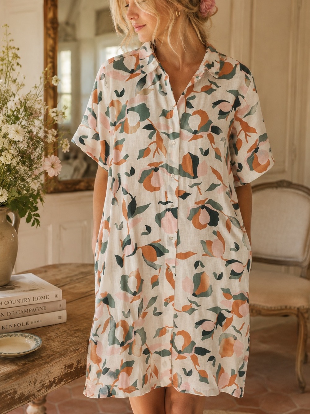 Rachel Zoe 100% Linen Floral Shirt Dress XL